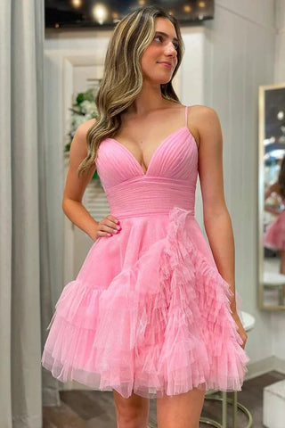Robe de soirée rose en tulle à fines bretelles et coupe trapèze PD481