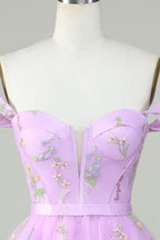 Cute A Line Sweetheart Purple Short Homecoming Dress with Embroidery