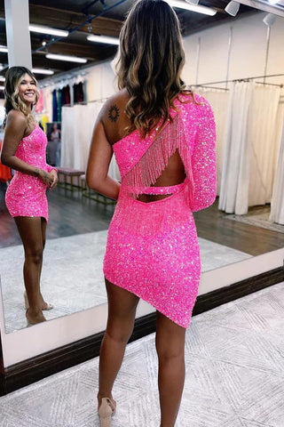 Lindo vestido rosa brillante de lentejuelas con un solo hombro para fiesta de bienvenida PD567