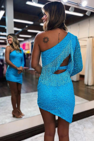 Lindo vestido rosa brillante de lentejuelas con un solo hombro para fiesta de bienvenida PD567