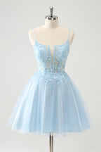 Cute A Line Spaghetti Straps Corset Short Blush Homecoming Dress with Appliques
