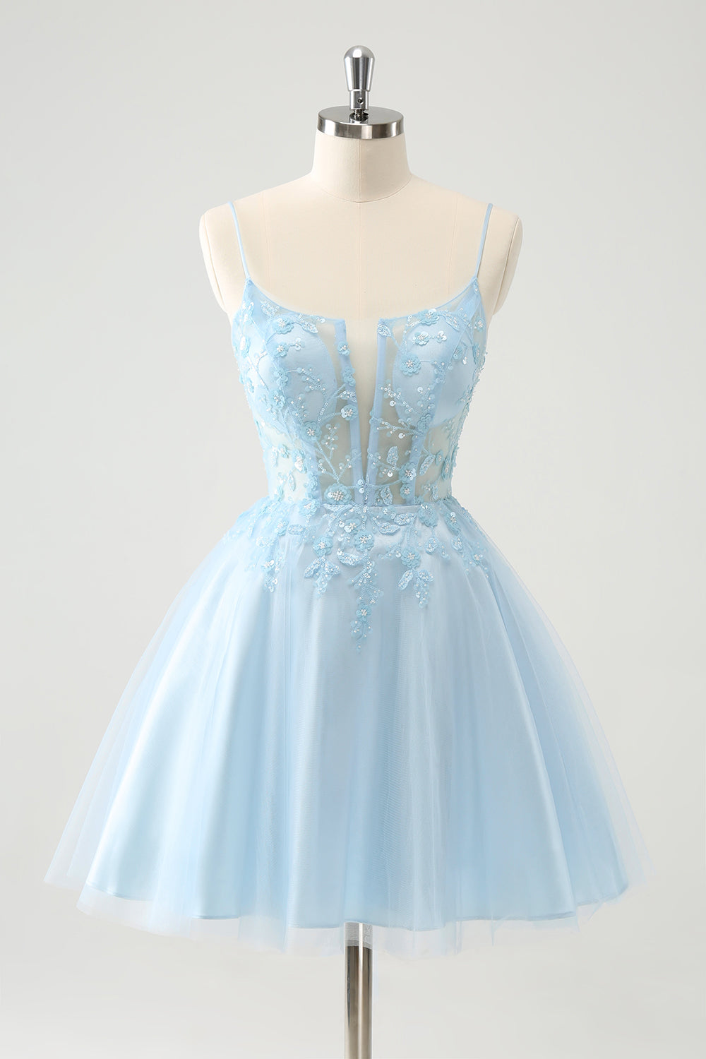 Cute Blush A Line Spaghetti Straps Corset Short Homecoming Dress with Appliques