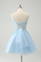 Cute Blush A Line Spaghetti Straps Corset Short Homecoming Dress with Appliques