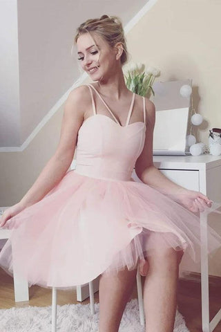 Lindo vestido corto de tul con escote corazón, vestido rosa para baile de bienvenida PD445