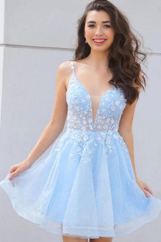 Robe de bal courte à col en V en dentelle bleu clair à fleurs PD439