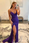 Robe de bal violette à fines bretelles et sequins scintillants, fendue, col en V, style sirène, Y90