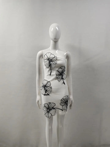 Vestido ajustado mini sin tirantes de alta calidad para mujer, sexy, con estampado floral negro, ideal para fiestas nocturnas, cumpleaños o cócteles.