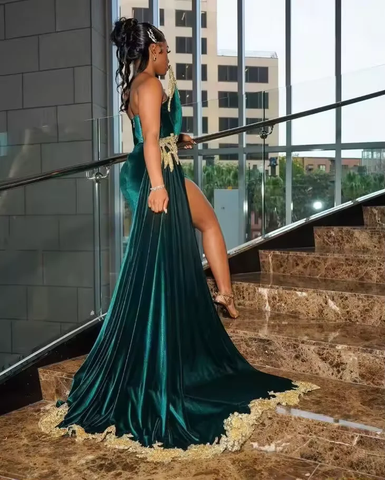 Sexy Green Velvet Prom Evening Dress Gold Applique Beaded Slit Black Girl Birthday Gown Y8122
