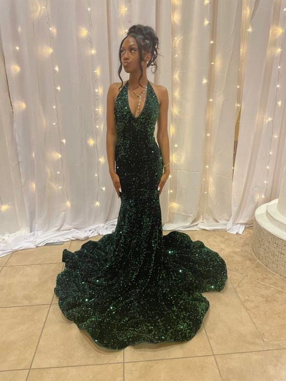 Robe de soirée longue moderne sirène à sequins et col en V Y5913