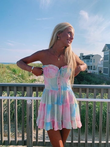 Precioso vestido de fiesta sin tirantes de corte en A, estilo arcoíris, modelo Y2794