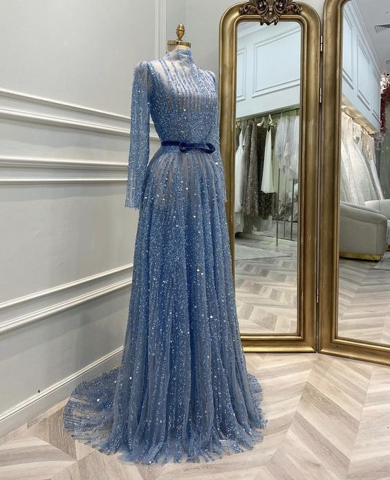 Vestido de noche de manga larga corte A de lujo, estilo glamuroso, modelo Y5829