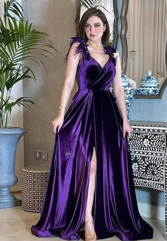 Vestido de fiesta sexy de terciopelo morado, corte en A, vestido de noche morado Y5802