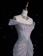 Vestido largo de noche de sirena con hombros descubiertos, tul lila brillante y cuentas, modelo Y8054