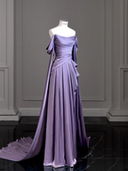 Vestido largo de fiesta modesto de satén morado, vestido de noche morado Y2589