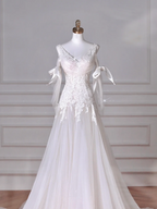 Vestido de noche sirena de hada blanco con escote en V, apliques de encaje de tul, vestido de novia largo Y8636