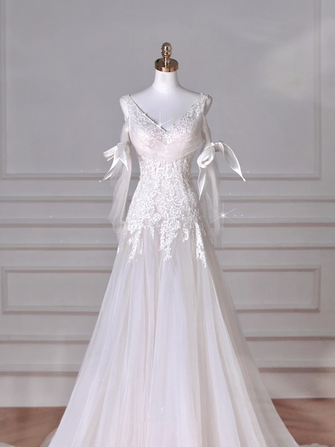 Vestido de noche sirena de hada blanco con escote en V, apliques de encaje de tul, vestido de novia largo Y8636