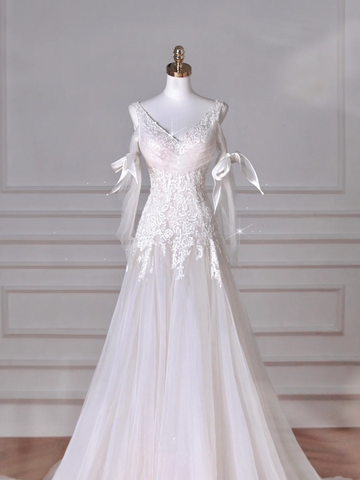 Fairy White V Neck Tulle Lace Appliques Mermaid Evening Dress,Long Wedding Dress Y8636