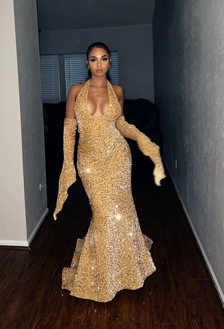 Vestido de fiesta largo de sirena con lentejuelas rojas y escote halter para chica negra Y7822