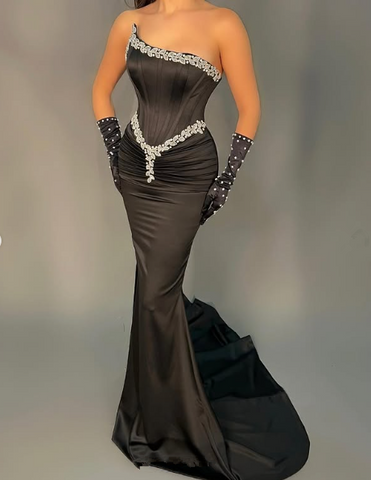 Classy Black Strapless Mermaid Evening Dress Satin Beaded Prom Dress With Gloves Y8530