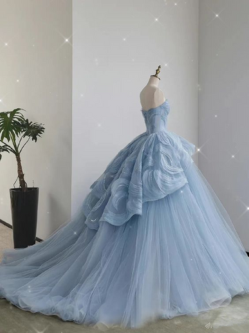 Vestido de princesa azul con escote corazón y tul, vestido de baile azul, vestido de hada azul Y6472