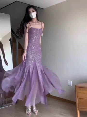 Vestido de noche de sirena sexy con tirantes finos, de gasa morada con cuentas, estilo Y7812