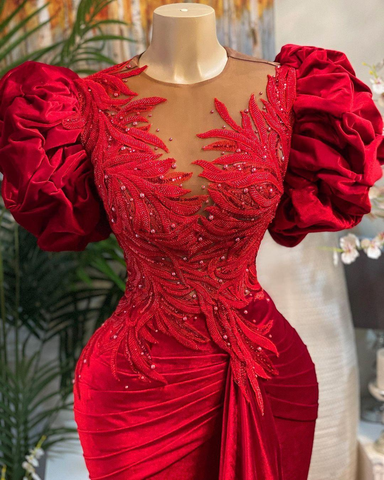 Robe de bal sirène rouge de luxe, dentelle perlée, col transparent, tenue de soirée formelle Y02