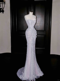 Vestido de fiesta de tul lila brillante con cuentas, vestido de noche de sirena sin tirantes Y8664