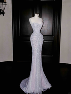 Vestido de fiesta de tul lila brillante con cuentas, vestido de noche de sirena sin tirantes Y8664