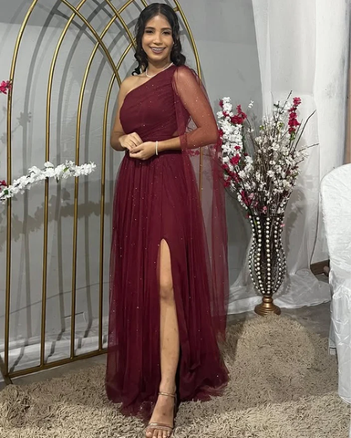 Precioso vestido de noche burdeos de un solo hombro, tul, lentejuelas y abertura, estilo baile de graduación Y7826