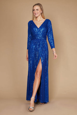 Robe de soirée à sequins à manches longues ornée de perles à la main