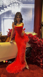 Robe de bal rouge sirène sexy à bretelles et plumes, robe de soirée longue Y7901