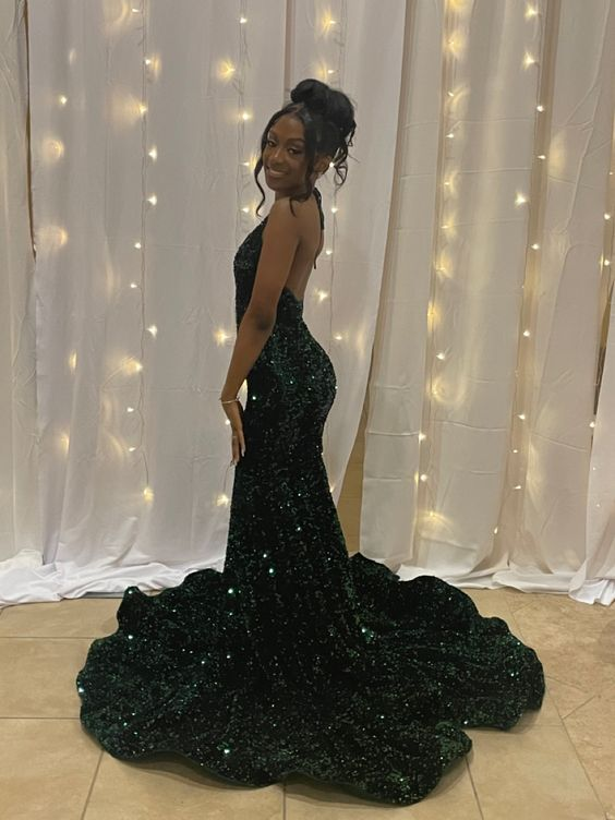 Robe de soirée longue moderne sirène à sequins et col en V Y5913