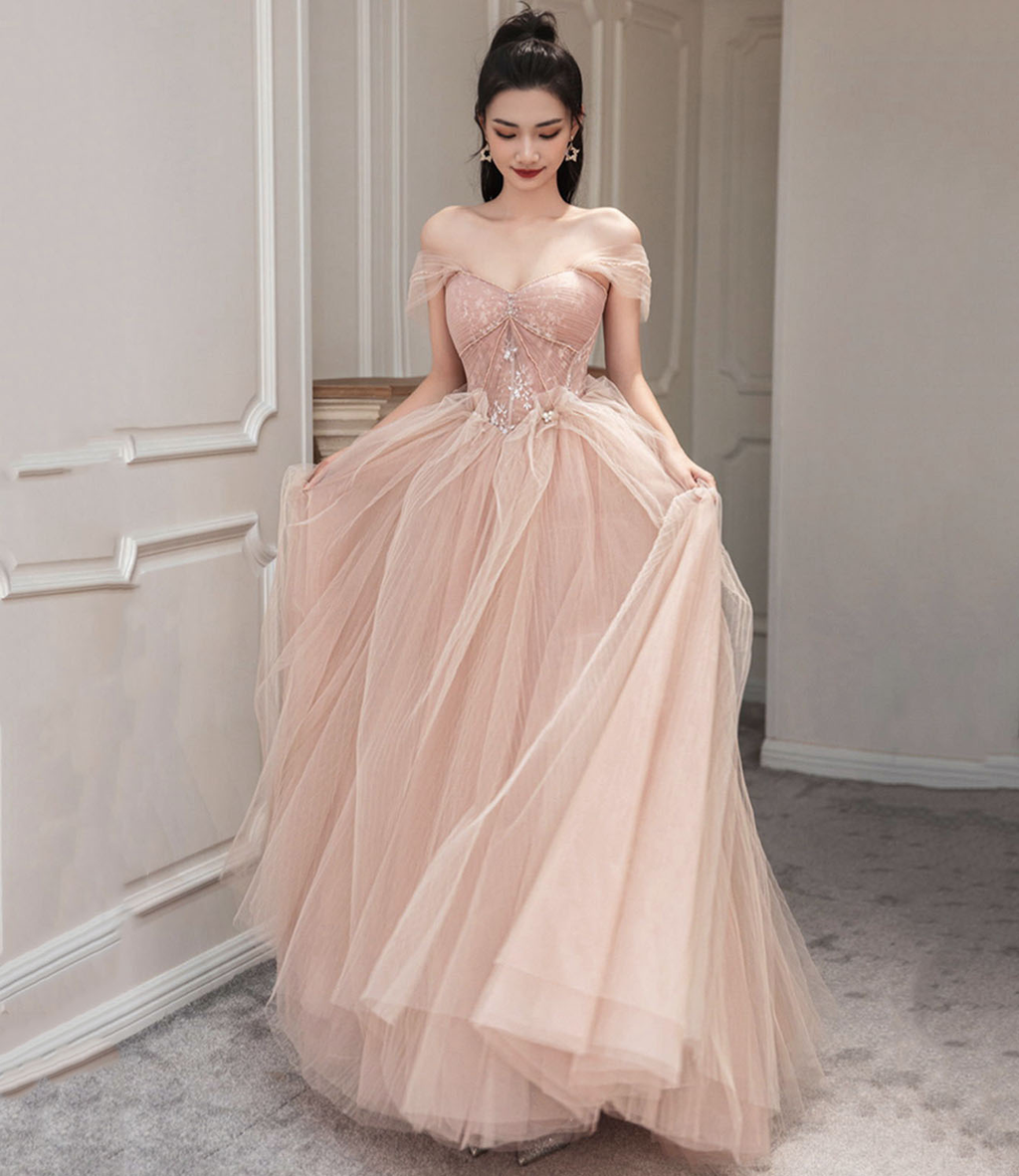Robe de bal longue en tulle rose, robe de soirée rose Y1825