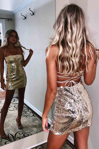 Vestidos cortos de fiesta con tirantes finos, lentejuelas brillantes y sexis