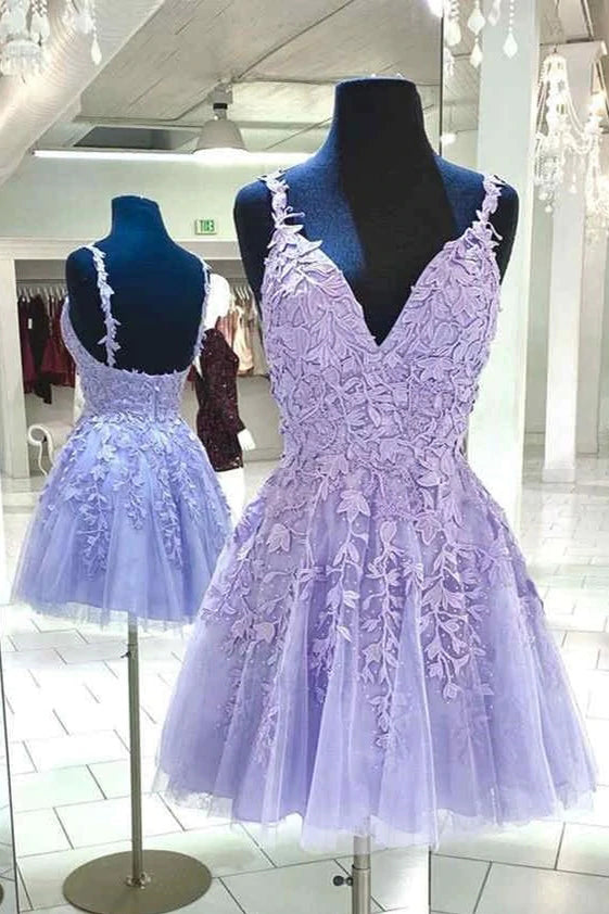 Vestidos cortos de fiesta con bonitos apliques de encaje de corte en A