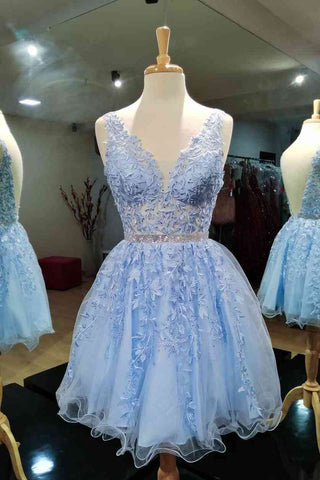 Robes de bal courtes bleues sans manches à col en V en dentelle roulée, robes de soirée 