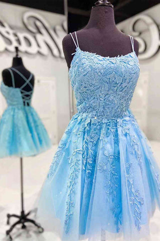Vestidos cortos de fiesta de graduación con tirantes finos, corte en A, encaje azul, vestidos de bienvenida 
