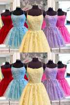 Blue A-line Spaghetti Straps Lace Short Prom Dresses Homecoming Dresses