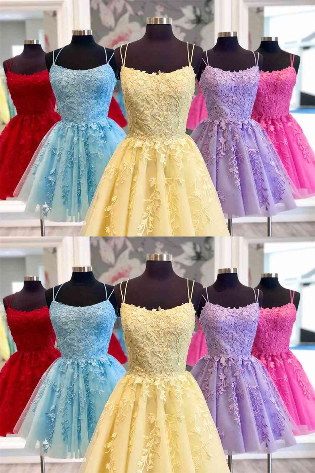 Blue A-line Spaghetti Straps Lace Short Prom Dresses Homecoming Dresses