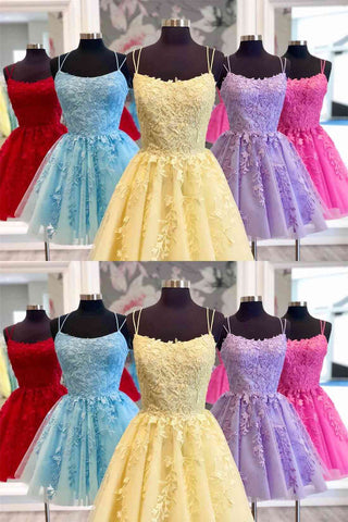 Vestidos cortos de fiesta de graduación con tirantes finos, corte en A, encaje azul, vestidos de bienvenida 