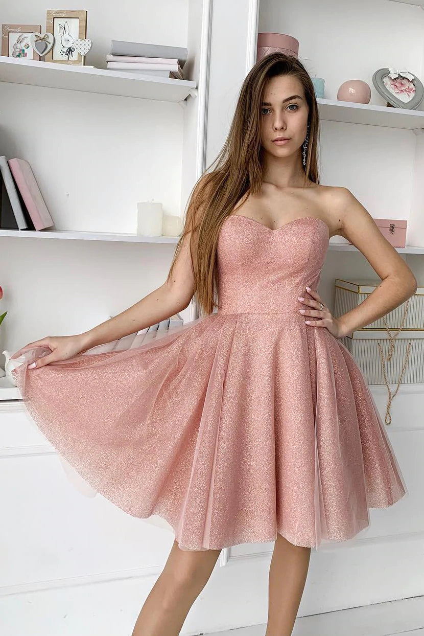 Vestidos de fiesta de bienvenida sin tirantes, corte en A, color rosa empolvado, escote corazón 