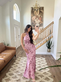 Robe de bal longue élégante rose satinée imprimée à col halter Y8454