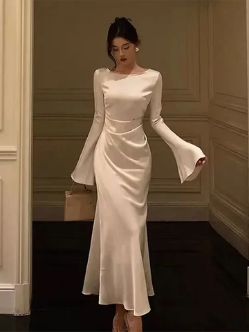 Robe de soirée blanche simple en satin à col rond pour femme Y6894