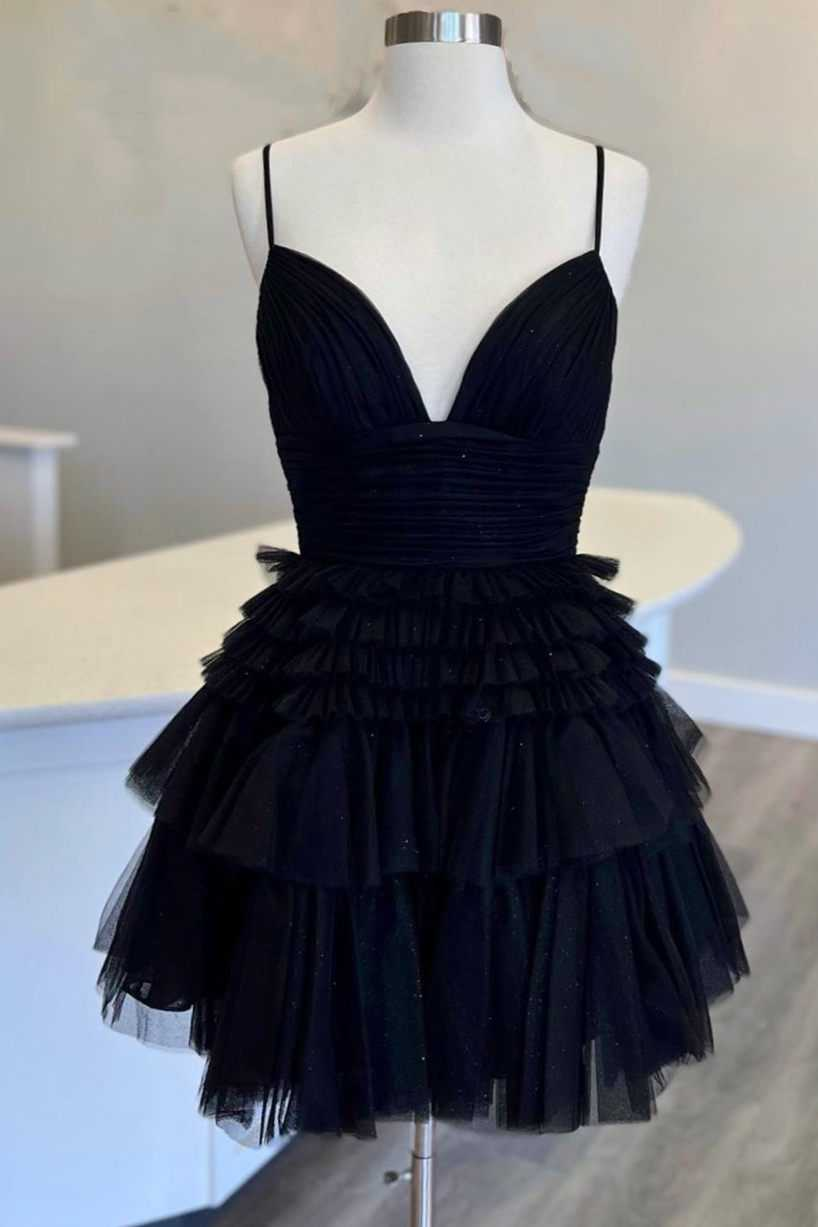 Vestido corto de fiesta de corte A con escote en V y espalda descubierta de varias capas. Vestido de graduación de corte A Y2350