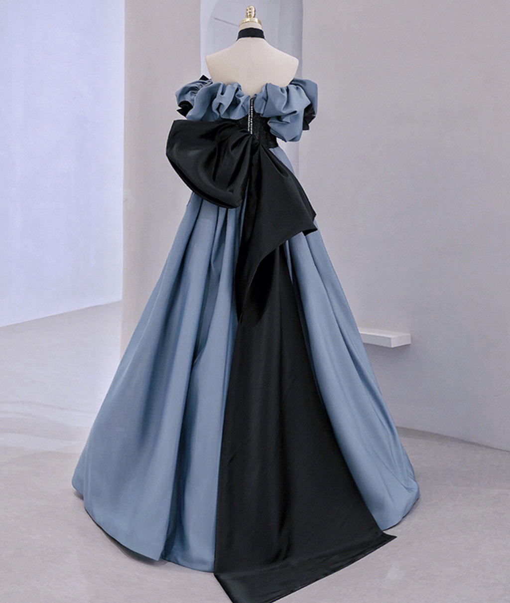 Vestido largo de fiesta de satén y encaje con hombros descubiertos, vestido de noche azul Y2619