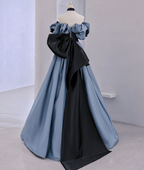 Vestido largo de fiesta de satén y encaje con hombros descubiertos, vestido de noche azul Y2619