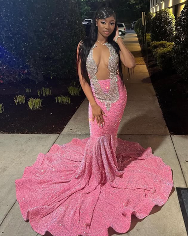 Precioso vestido de noche rosa con lentejuelas y cuentas, estilo sirena, modelo Y8016