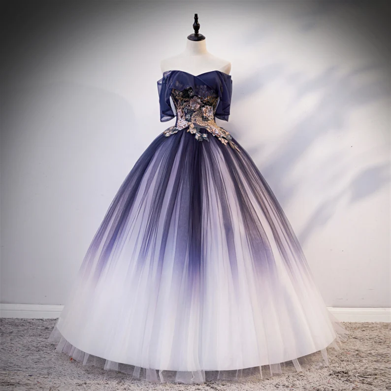 Robe de bal en tulle, dentelle florale et perles ombrées, robe de quinceañera, robe de bal Y1935