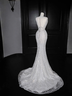 Robe de bal sirène longue en tulle blanc pailleté et perles, robe de soirée, robe de mariée Y8666