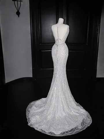 Glitter White Tulle Beaded Mermaid Prom Dress Long Evening Dress Wedding Dress Y8666